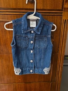 Little Lass Blue Studded Denim Vest with Lace Accents